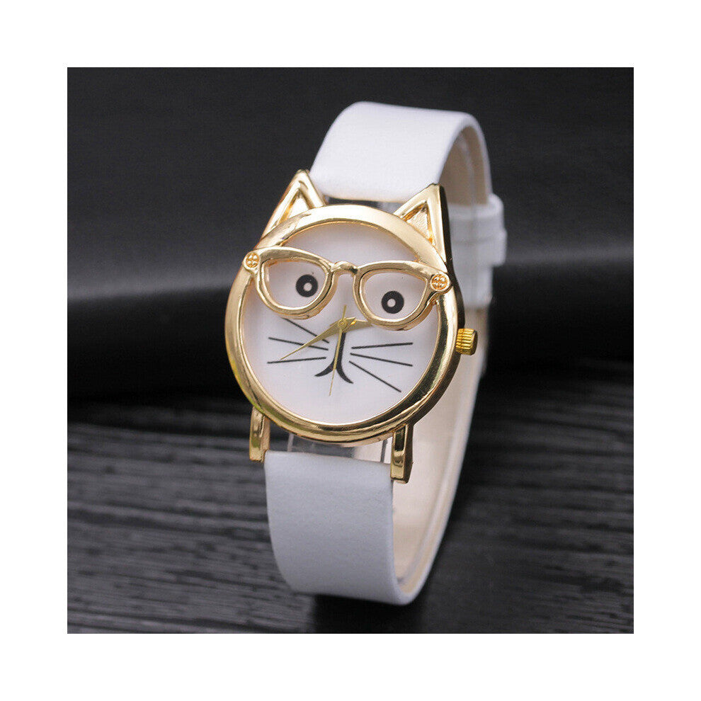 Glasses Cat Face Watch Women Watches Female Dress Wristwatches Ladies Quartz Leather Watch