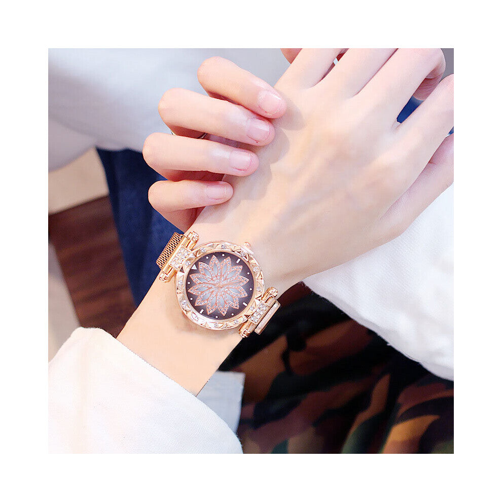 Women Mesh Magnet Buckle Lucky Flower Watches + bracelet set Ladies Rhinestone Quartz Watch Starry sky Relogio Feminino