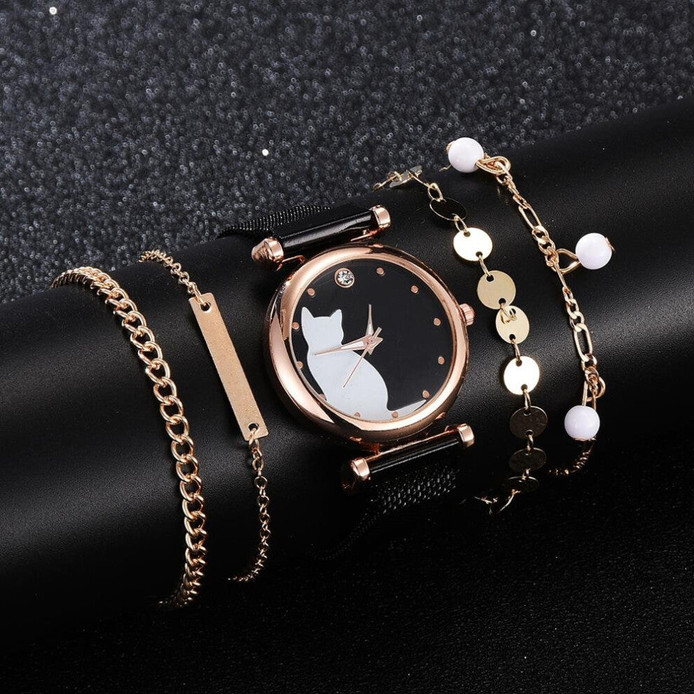 5pcs-set Women Watches Rose Bracelet Set Cat Pattern Magnet Watch Ladies Bracelet Wrist Watches Quartz Clock