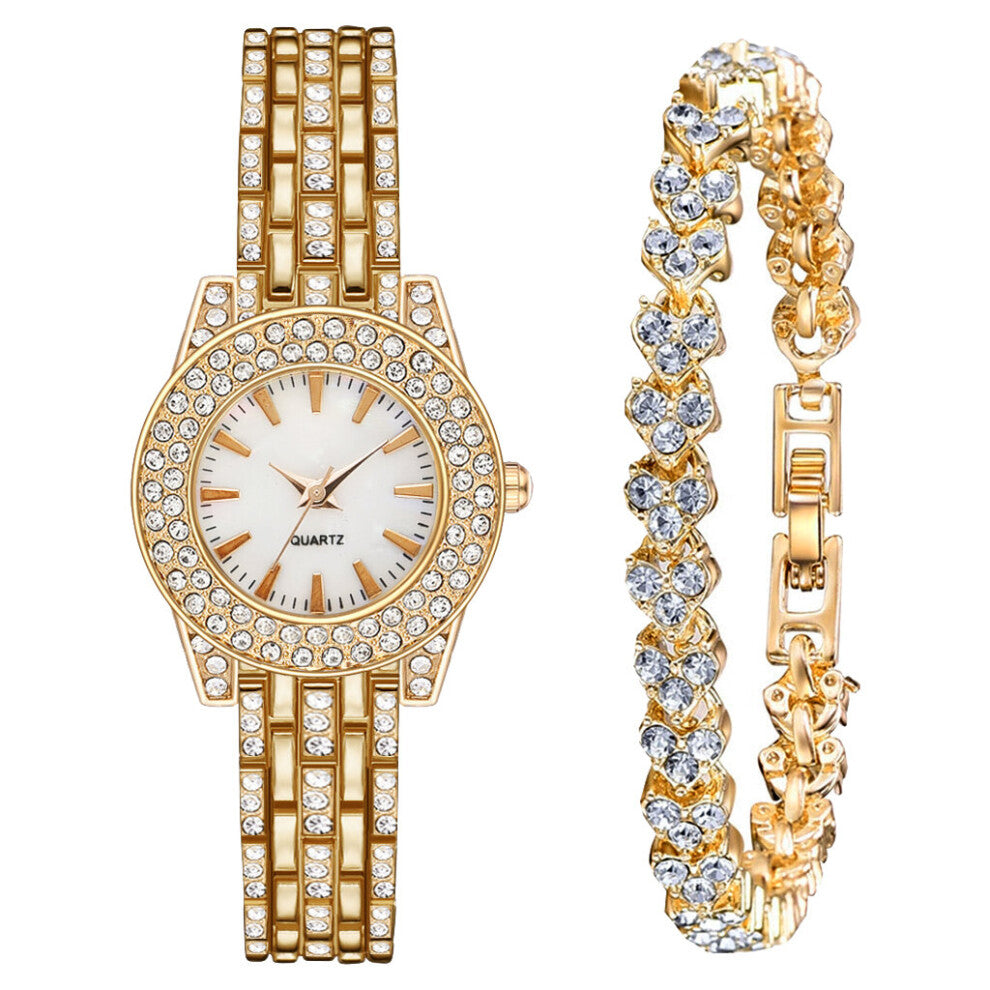 Ladies Watch Bracelet Rose Full Diamond Women Watches Casual Rhinestone 2pcs Set Bracelet Clock Gift
