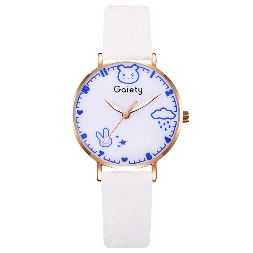 And Casual Women Leather Strap Watches Lovely Pattern Girl's Small Wristwatch with Bracelet For Women