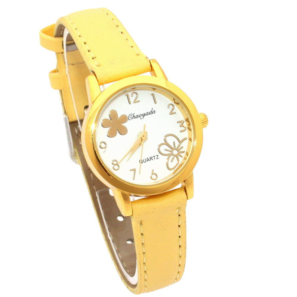 Flowers Dial Women Watches Yellow Leather Bracelet Dial Lady Quartz Girls Wristwatch U55