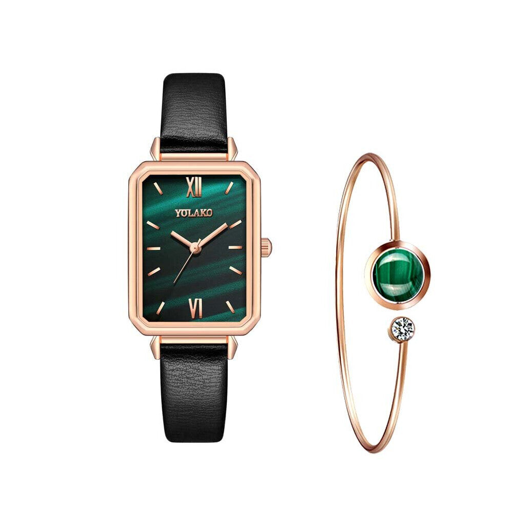 INS Women Watches Square Ladies Quartz Watch Bracelet Set Green Dial Rose Mesh Women Watches