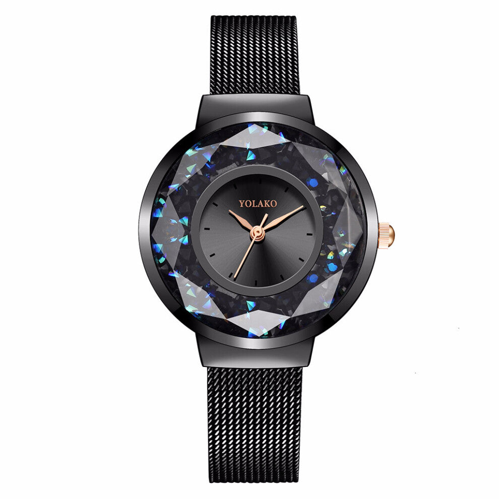 YOLAKO Women Dress Rose Crystal Watches Stainless Steel Mesh Belt Quartz Watch Ladies Watches Relogio Feminino