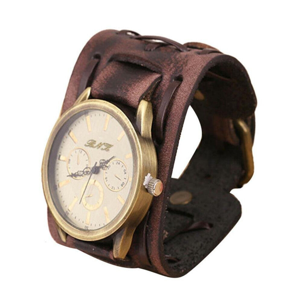 Hot Selling Retro Punk Rock Brown Big Wide Leather Bracelet Cuff Men Watch Quartz Wrist Watches Horloges Xfcs Saat Clocks