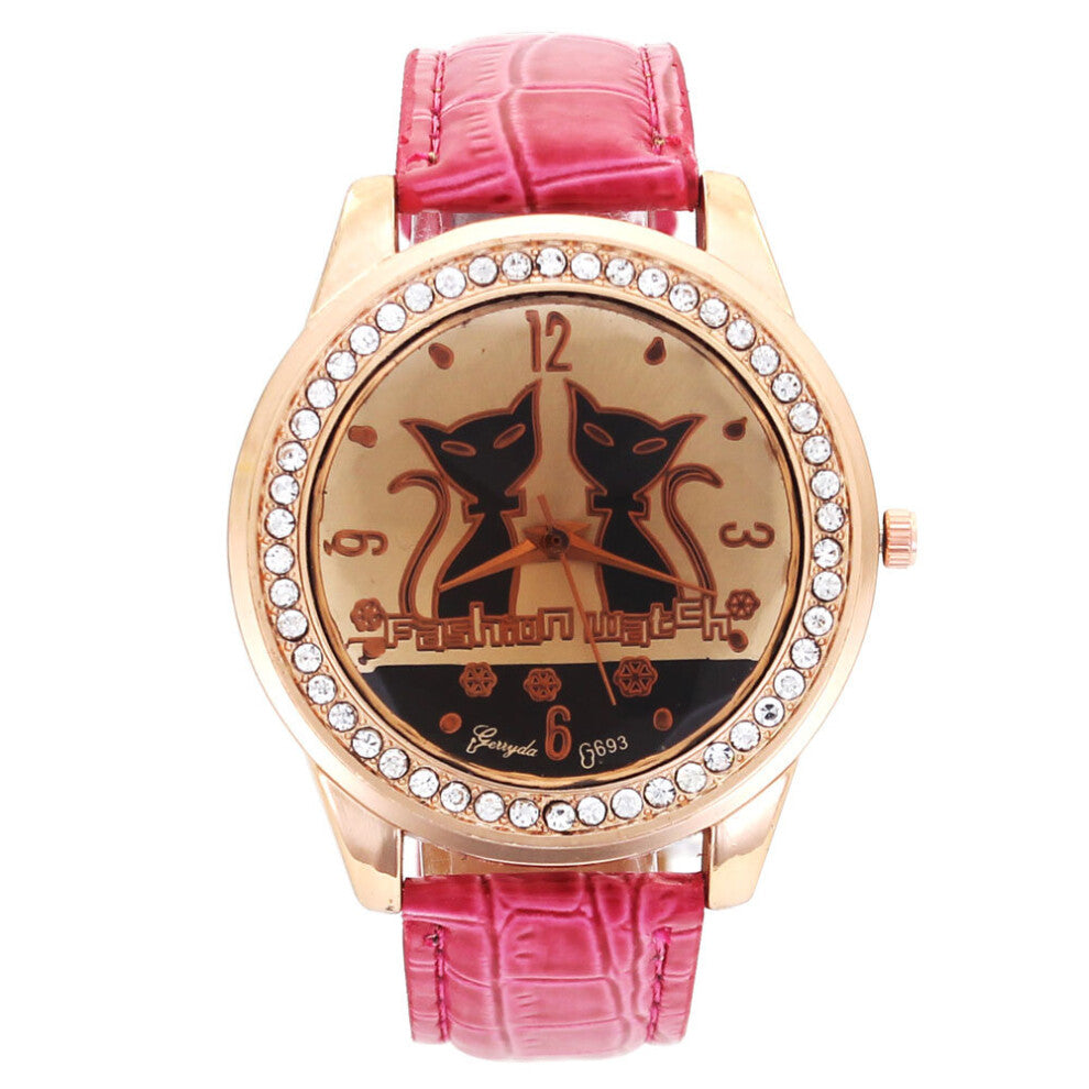 Jewelry Crystal Flash Dial Two Cats Wrist Watch Women Stainless Steel Case Pu Leather Band Analog Quartz Ladies Watches