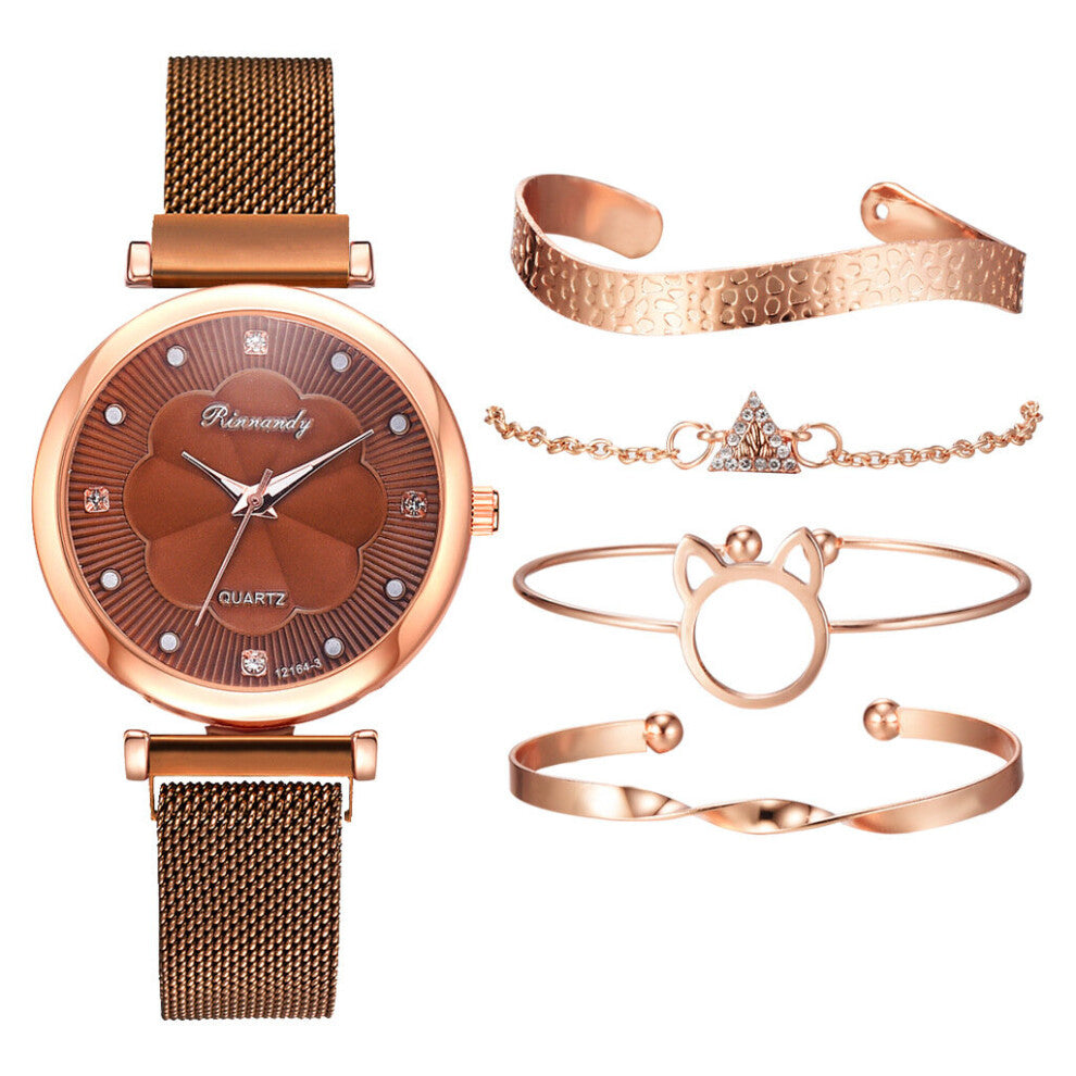 Women's Watch Set Magnet Buckle Casual Quartz Watches Flower Dial Mesh Band Wristwatch Bangle Bracelet Relojes ??????