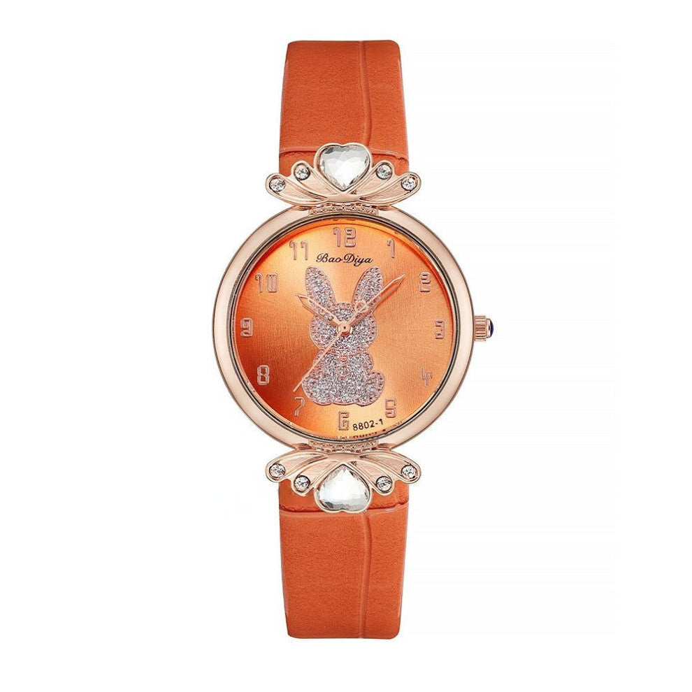 Pink Diamond Bunny Women Watches Retro Ladies Quartz Wristwatches With Number Female Leather Clock