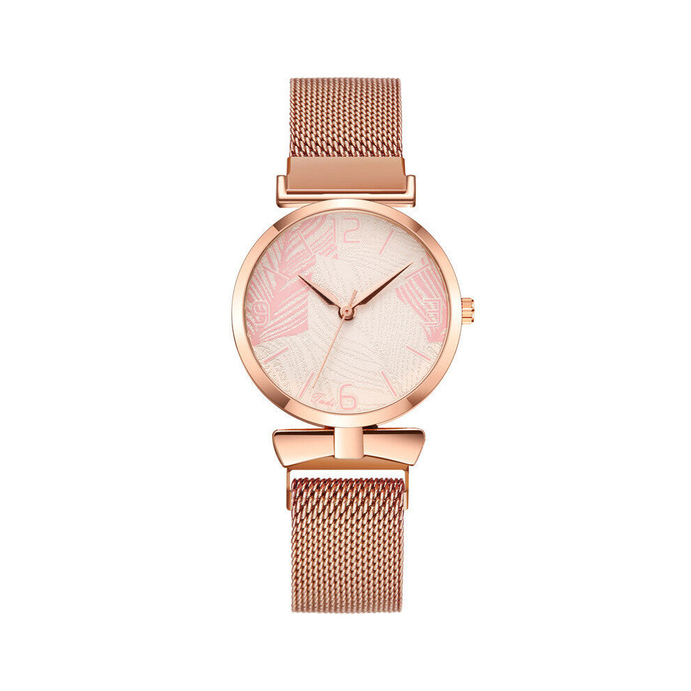 Watches Women Rose Leaf Flower Quartz Watch Female Magnet Steel Mesh Wristwatches Ladies Relogio Masculino