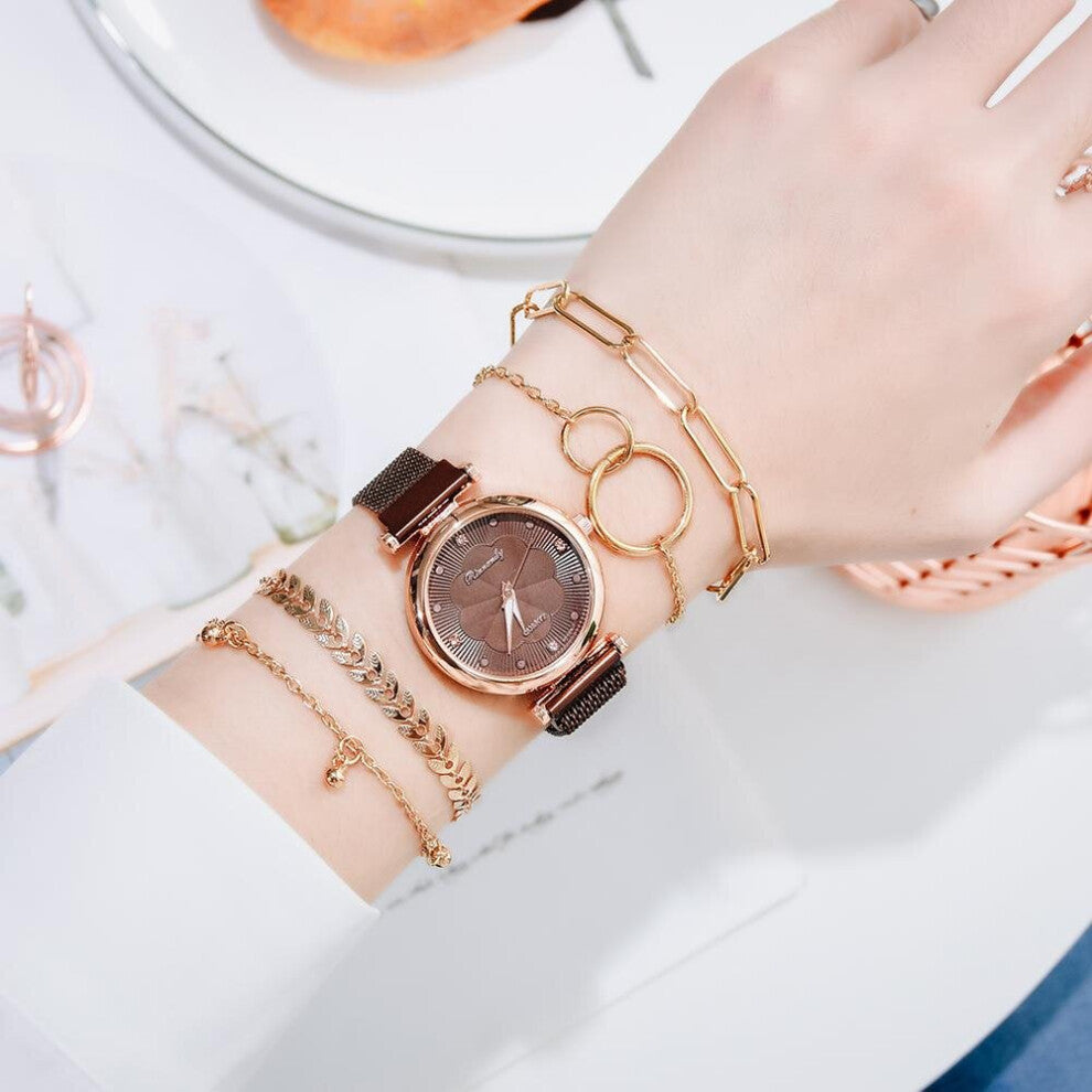 5pcs Set Watches For Women Bracelet Rose Magnet Buckle Flower Watch Women Ladies Clock Bracelet Set relogio feminino