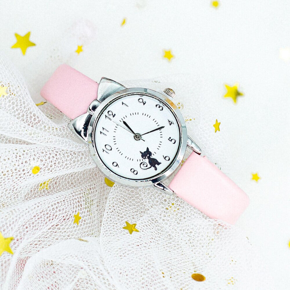 Casual Cartoon Silver Cat Dial Watches For Women Girl Ladies PU Leather Belt Bracelet Dress Quartz Wristwatch Clock