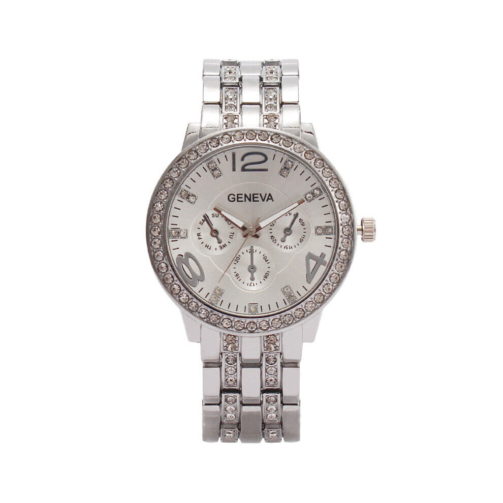 Round Quartz Rhinestone Calendar Dial Casual Watches Stainless Strap Fashionable Clock Waterproof Wristwatch for Women
