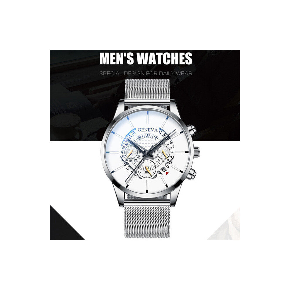 Mens Business Casual Date Calendar Watches Stainless Steel Mesh Belt Quartz Watch for Man Clock