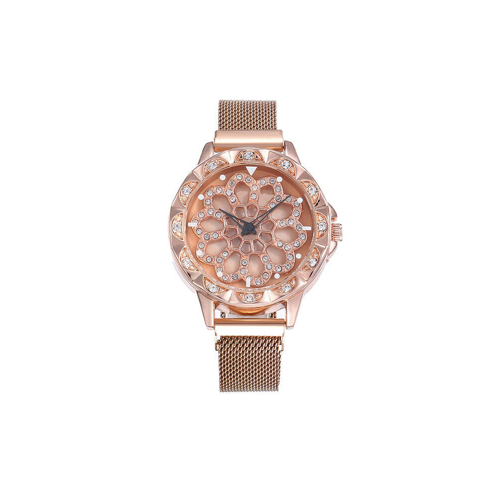 Rose Rotating Flower Watches Relogio Feminino Diamond Magnetic Quartz Clock Hot Lucky Women Wrist Watches