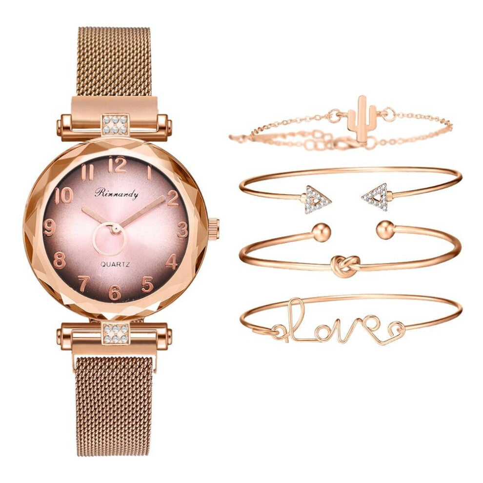 5pc-set Women Watches Gradient Magnet Watch Casual Female Wristwatch Bracelet Dress Pink Clock