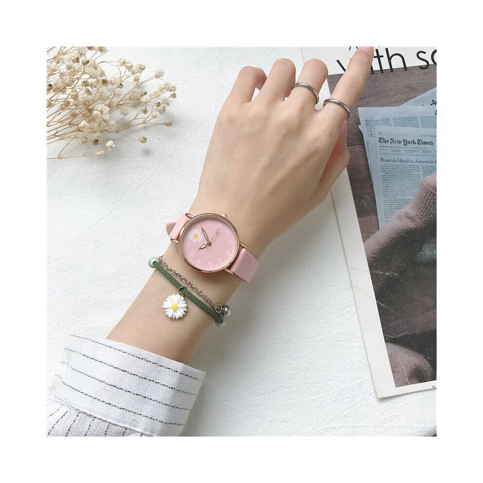 Casual Retro Woman Watch Daisy Flowers Dress Ladies Wristwatch Bracelet Set Leather Band Female Watches Relogio Feminino