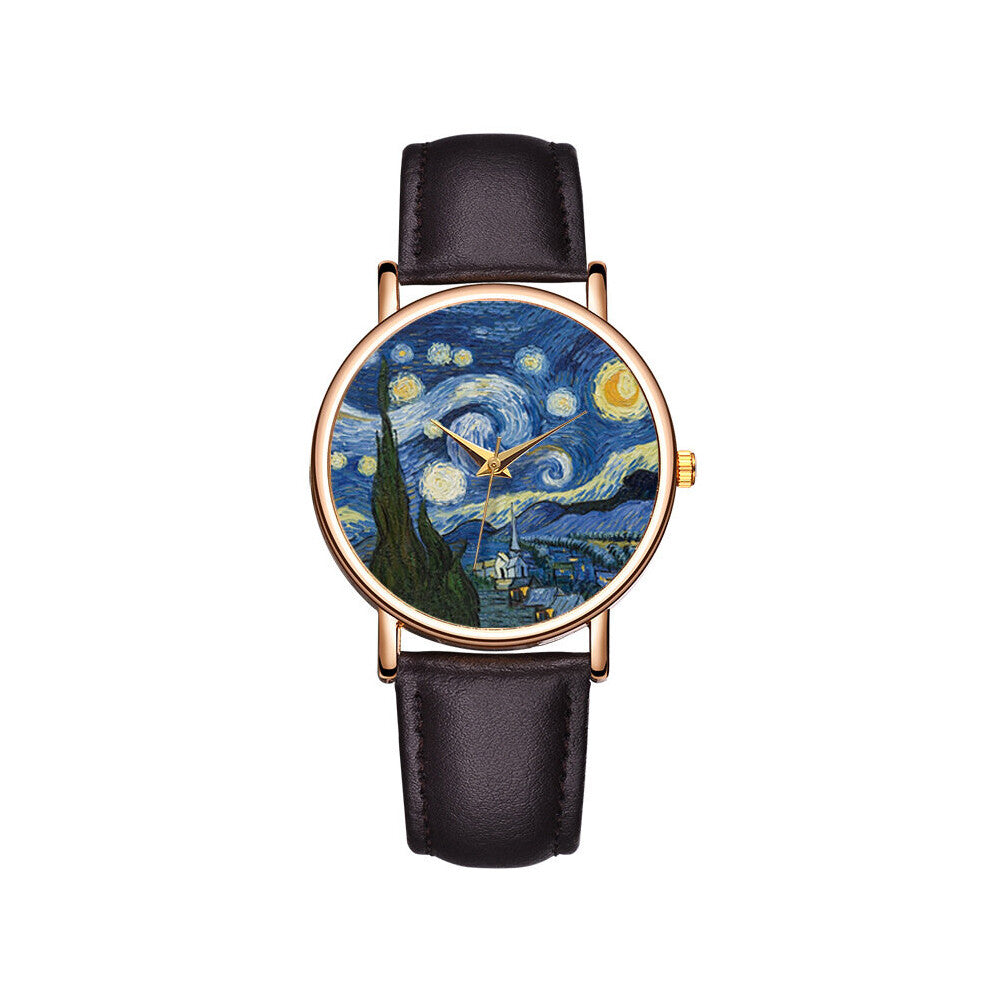 Women Watch Top Van Gogh's Starry Sky Men Watches Leather Strap Quartz Clock Couple Gift
