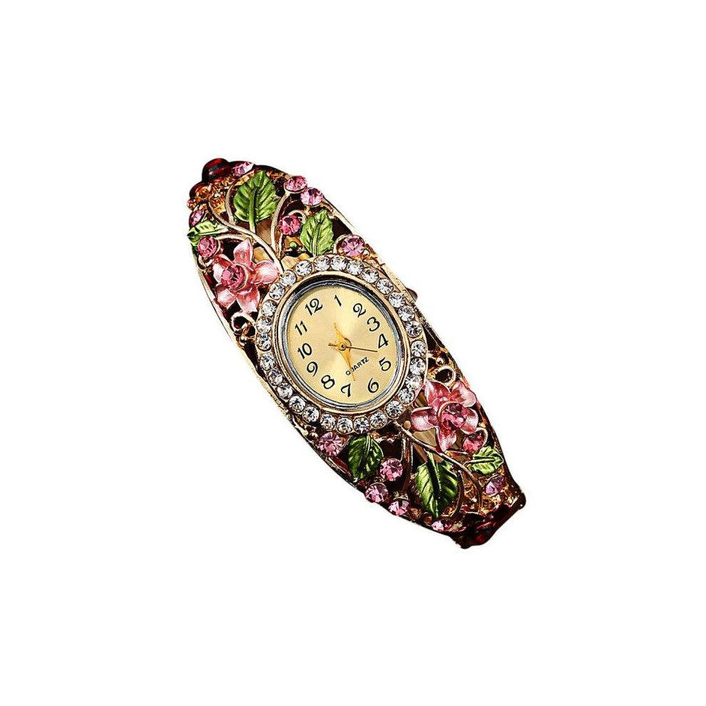 Watches For Ladies Women Bangle Pink Flower Band Watches Digital Dial With Diamond Women Watch Retro Style