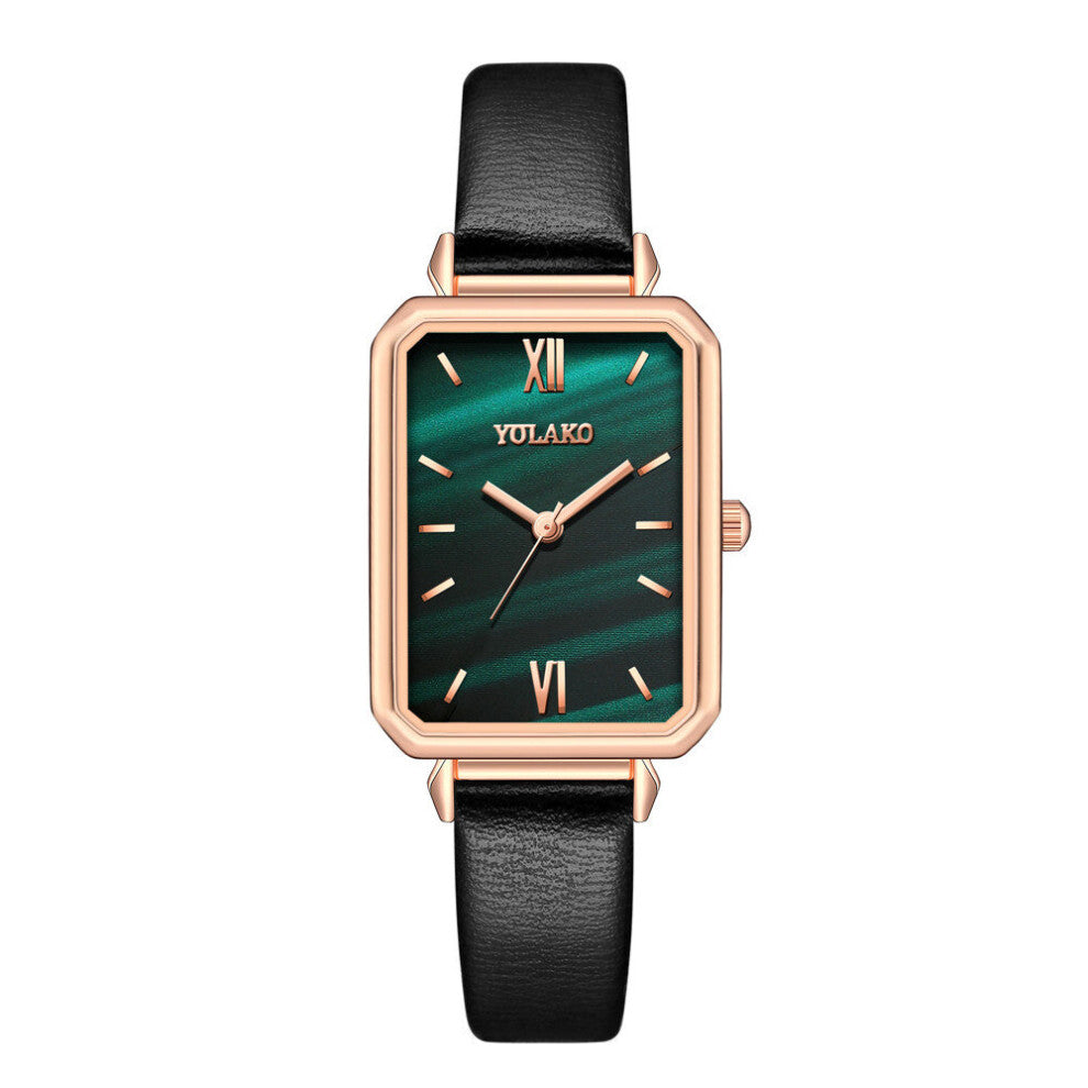 Women Watches Square Ladies Quartz Watch Bracelet Set Green Dial Rose Leather Women Watches