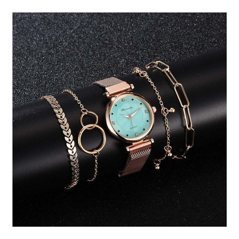 5-piece Set Women Watches Magnet Buckle Flower Rhinestone Watch Ladies Quartz Wrist Watch Bracelet Reloj