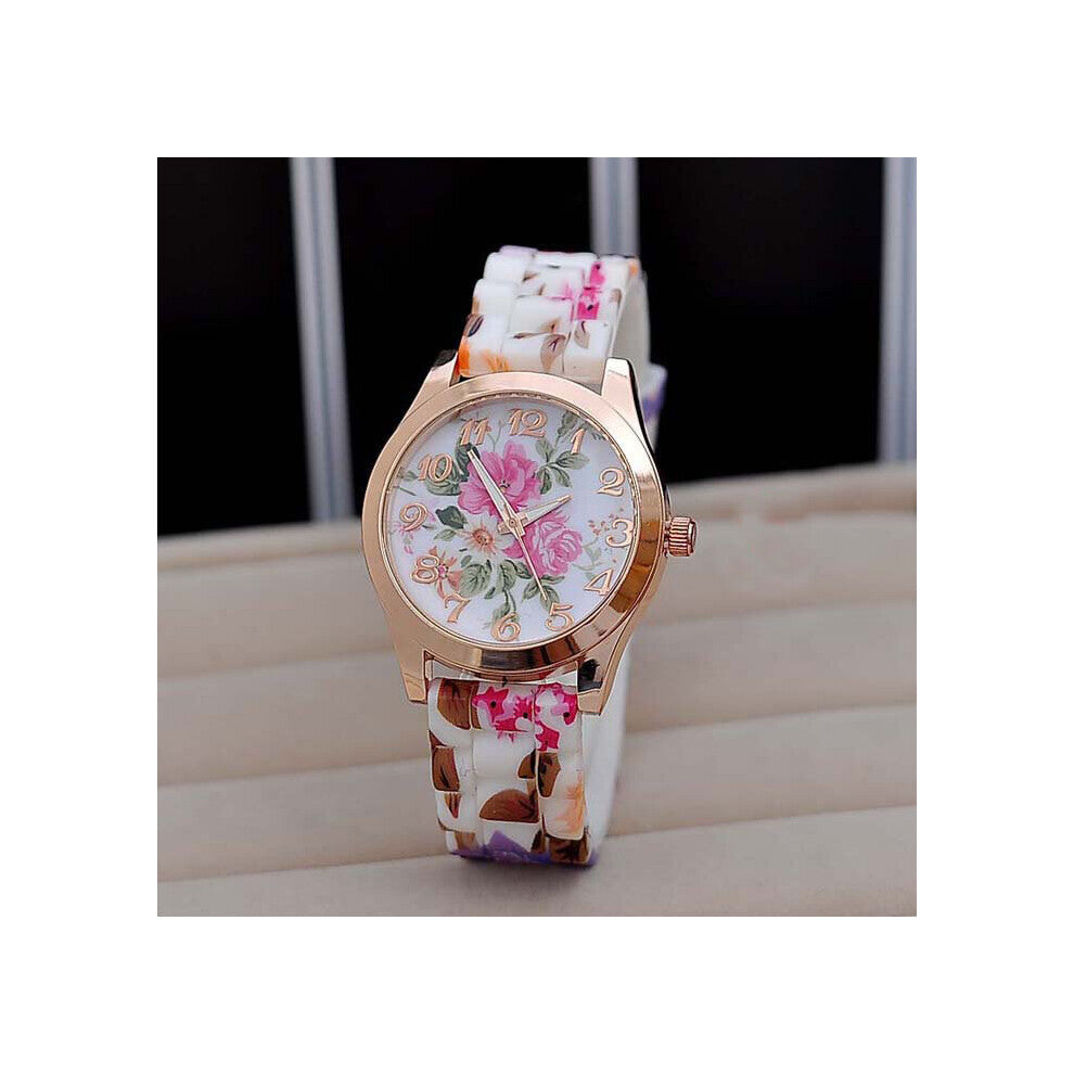 Women's flower printed Wristwatch Girl Silicone strap Watch Causal Quartz Wristwatches Women wrist watches