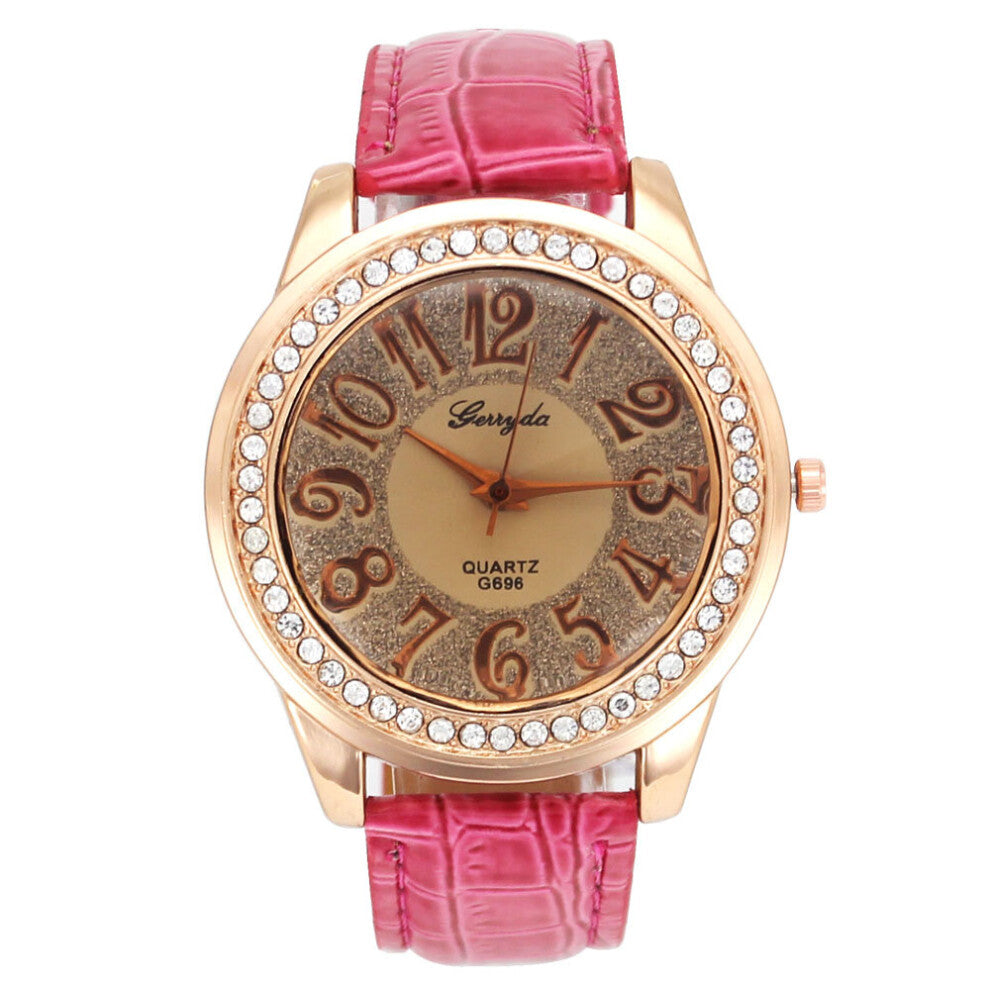 Jewelry Ladies Rose Crystal Flash Dial Watches Stainless Steel Case Pu Leather Band Analog Quartz Wrist Watch Women