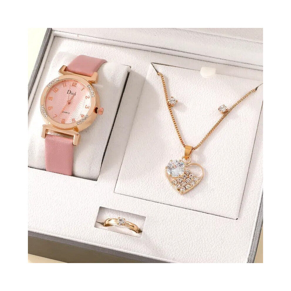 Ladies Watch Bracelet Set Leather Strap Analog Quartz Wristwatch Casual Dress Watch For Women(watch-necklace-earring-rin