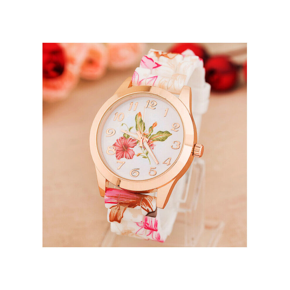 Wristwatch Women's Girl Watch Silicone Flower Printed Causal Quartz Wristwatches Watch Women Watches Rose Red