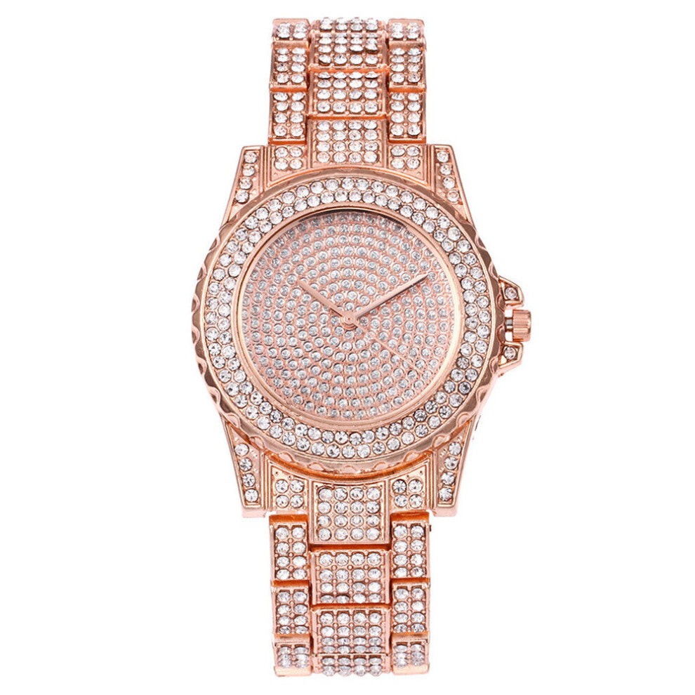 lced Out Watches for Women Rose Watch Big Dial Female Full Rhinestone Steel Wristwatches Relogio Masculino