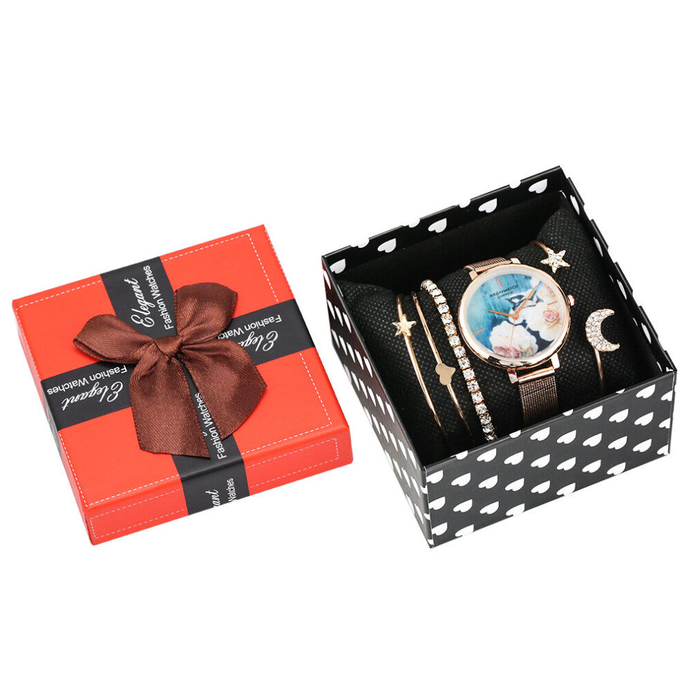 Watch Bracelet Jewelry Set for Women Quartz Watch Stainless Steel Strap Wristwatch Star Moon Bracelet Accessories Set for Girls