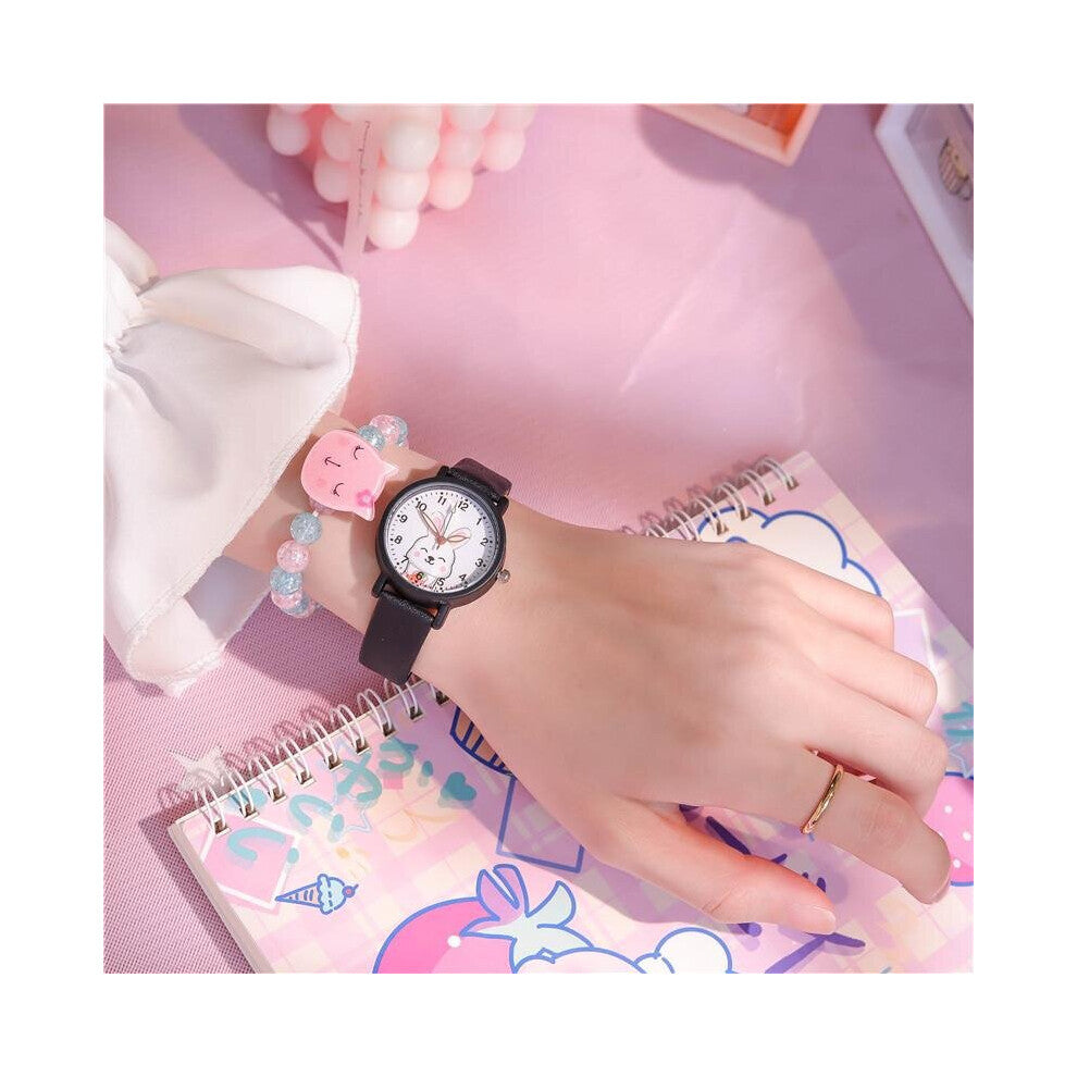 Round Quartz Cartoon Rabbit Dial Casual Wrist Watches Leather Strap Fashionable Clock Waterproof Wristwatch for Children