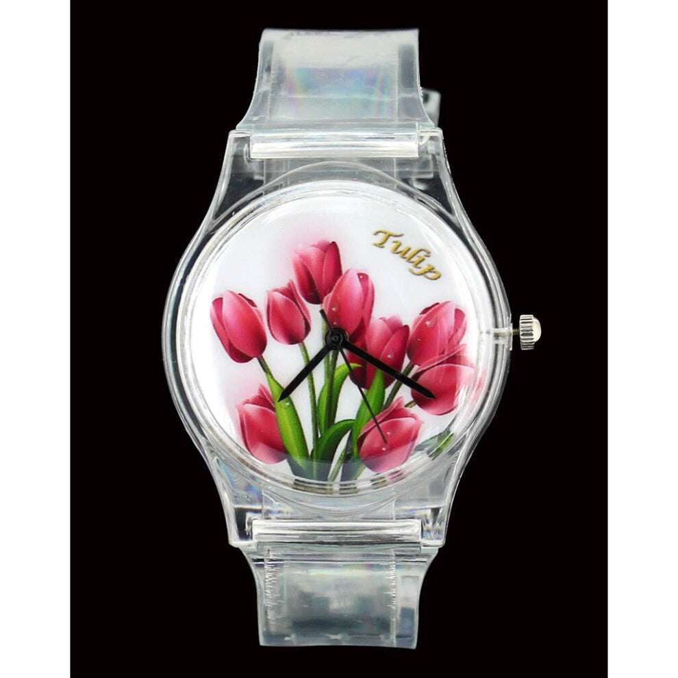Rose Flower - Tulip - Butterfly Women Ladies Watches Colorful Transparent Band Casual Sport Quartz Wrist Watch