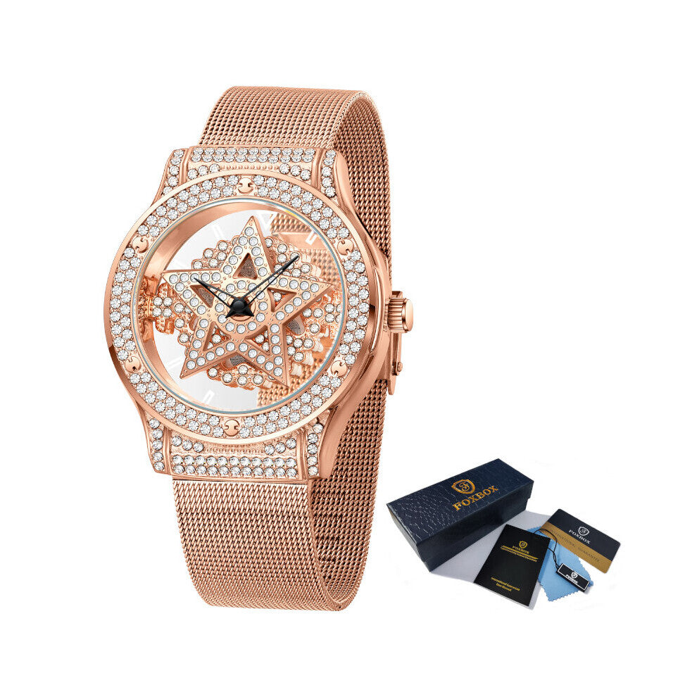 FOXBOX Quartz Woman Watch High Waterproof Mesh Bracelet Belt Rose Watch for Women