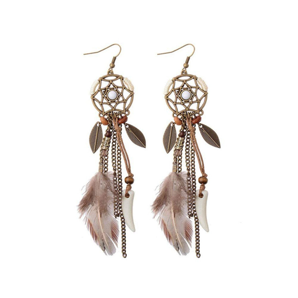 Earrings Accessories Pierced Feather Drop Earrings Round Neck Rope Blade Pendant Brown Long Earrings Women Jewelry