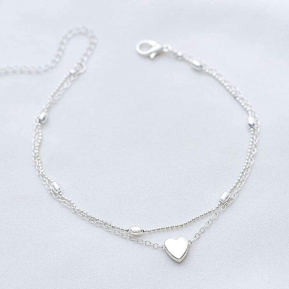 Layered Anklet Heart Pendant Anklets Chain Sand Beach Bead Foot Bracelet Jewelry Accessories for Women and Girls Birthday Present (Silver)