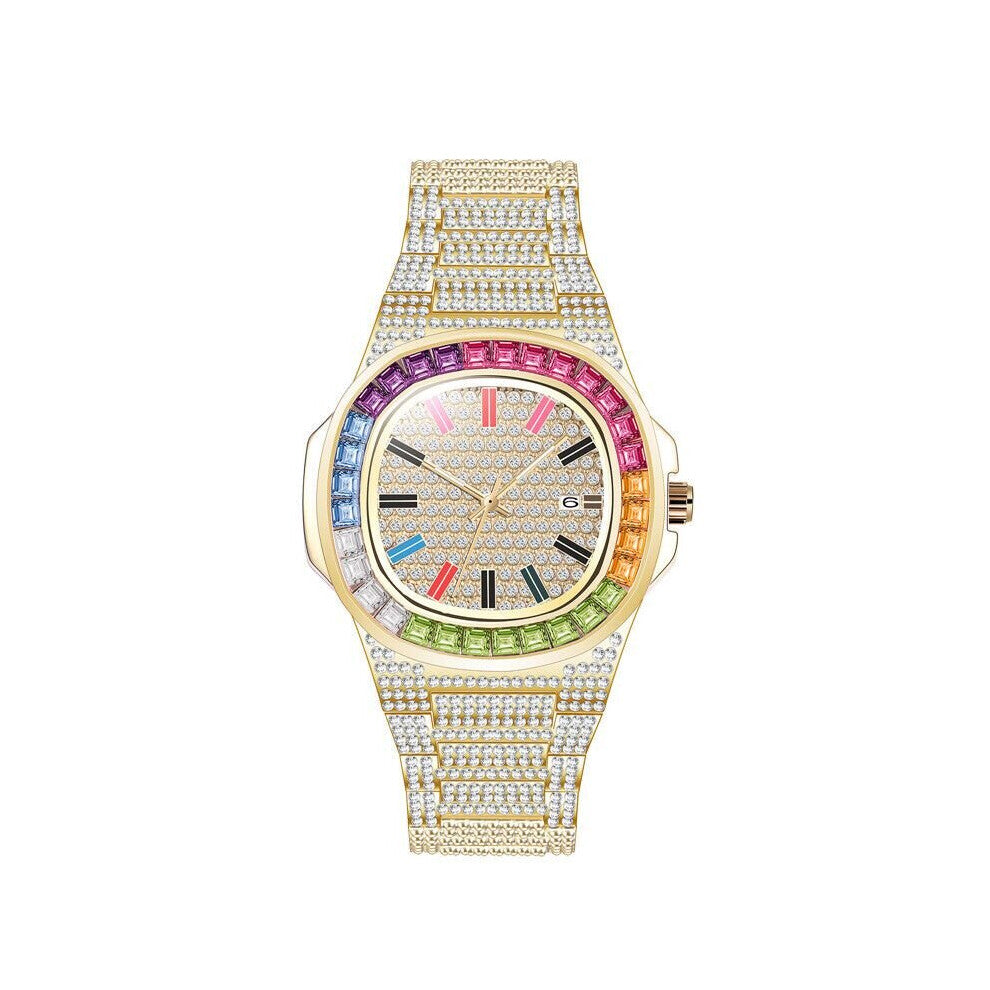 Watch For Men Large Grain Diamond Calendar Stainless Steel Quartz Watches Men's Watch