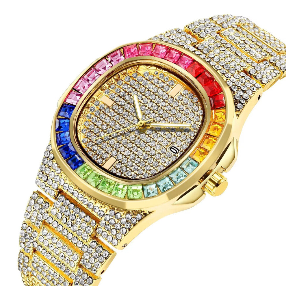 seven-color diamond large grain gem silver watch for men large size calendar hip-hop quartz Men's Wristwatches
