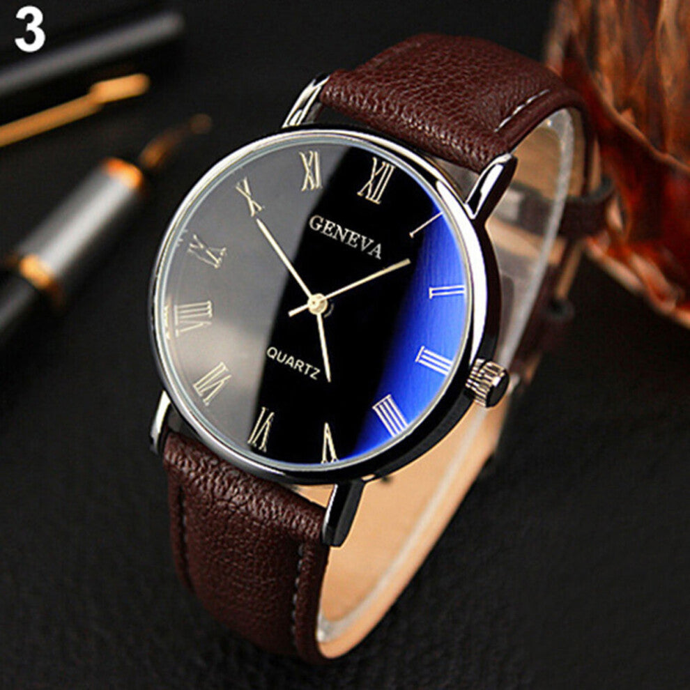 Men Watch Roman Numerals Blu-Ray Faux Leather Band Quartz Analog Business WristWatch