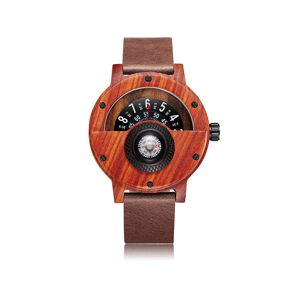 Wooden Watch Men Unique Compass Turntable Number Mens Brown Wood Leather Band Creative Natural Wood Wrist Watches Relogio