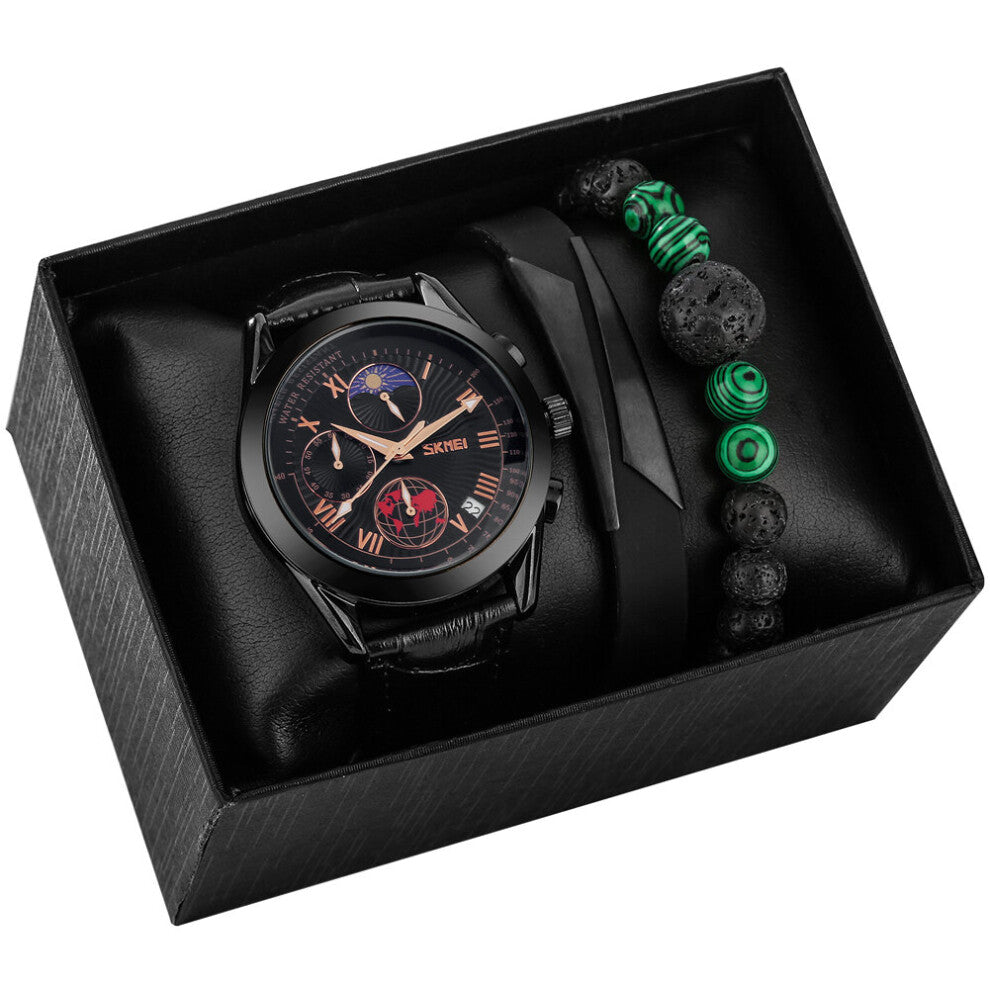 Practical Gift Set for Men Quartz Leather Calendar Watch Men's Bracelet Accessories Christmas to Boyfriend