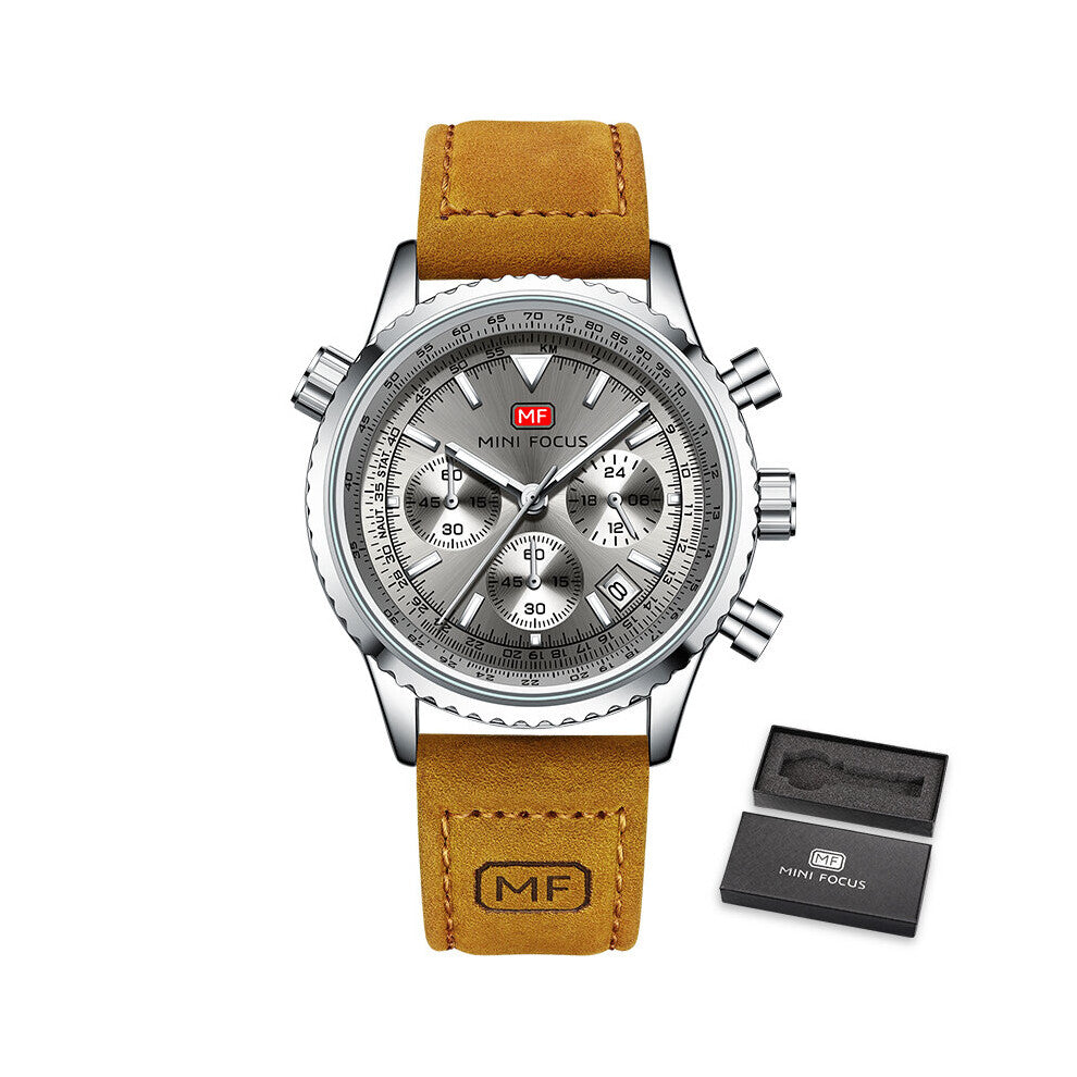 Watch For Men Golden Waterproof Multifunction Sport Quartz Wrist Watches Luminous Hands Brown Leather Strap