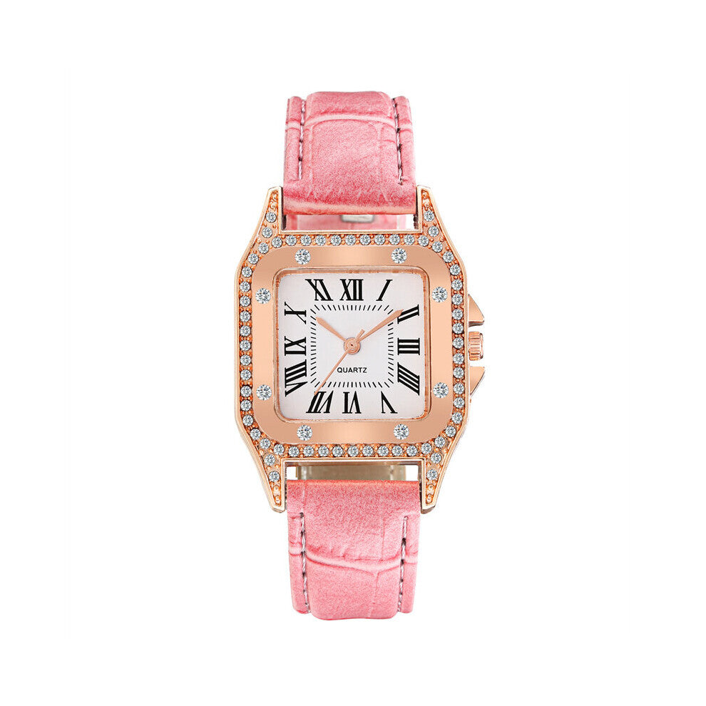 Women's Korean-Style Watches for Women Square Rhinestone Starry Quartz Wrist Watch Ladies Casual Pink Leather Watch
