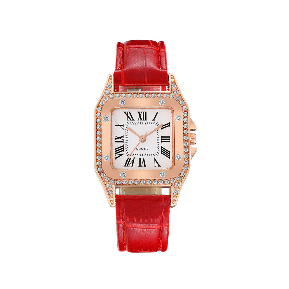 Women's Watches for Women Korean-Style Square Rhinestone Starry Quartz Wrist Watch Ladies Casual Red Leather Watch