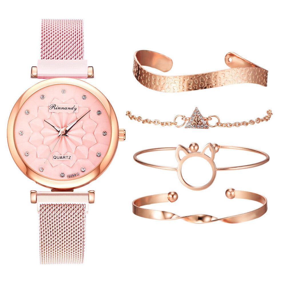 5PCSBracelet Watches Set Women Rose Mesh Belt Wristwatches Quartz Watch ladies Business dress Clock Relogio Feminino