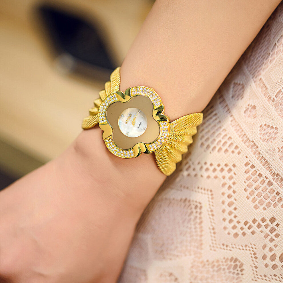 Women Watches 3Pcs-set Gold-Silver Flower Watch Dial Butterfly Band with Stainless Steel Bracelet-Necklace Gift
