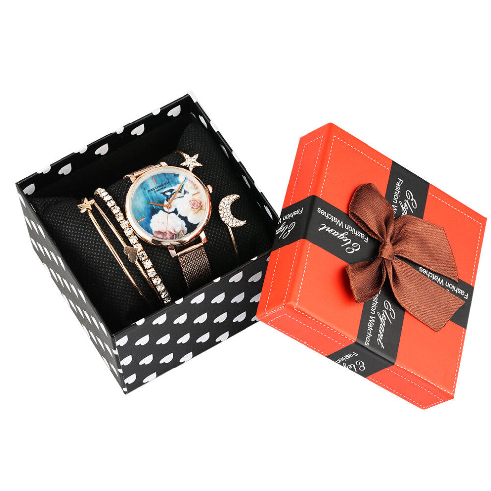 Women Watch Bracelet Jewelry Set Quartz Watches Flower Pattern Dial Small Star Moon Bracelet Accessories Set