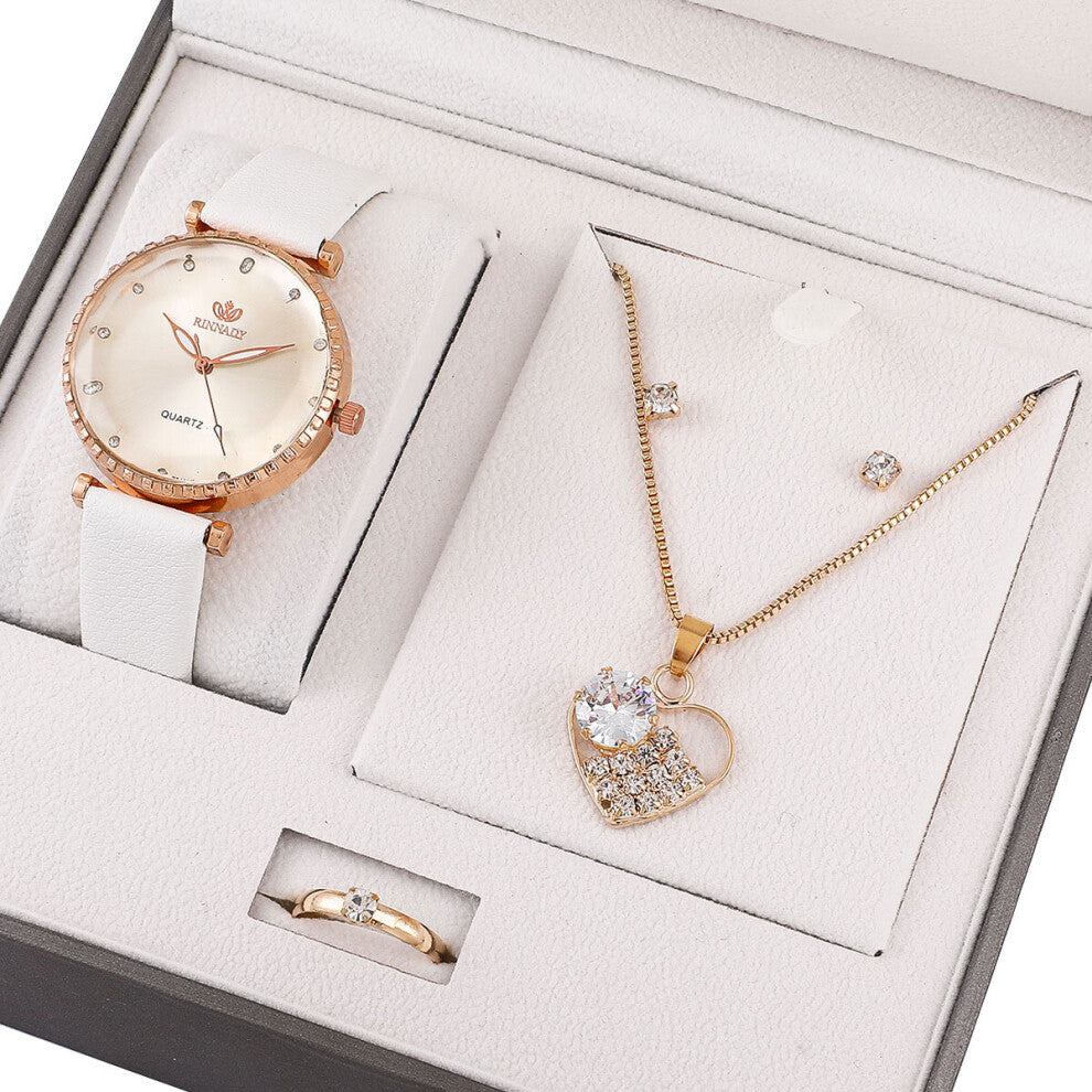 Women's Watch+Necklace+Ring+Earrings Set Female's Gift for Mother's Gift Casual Quartz Watch for Dad Boyfriend PU Strap C66
