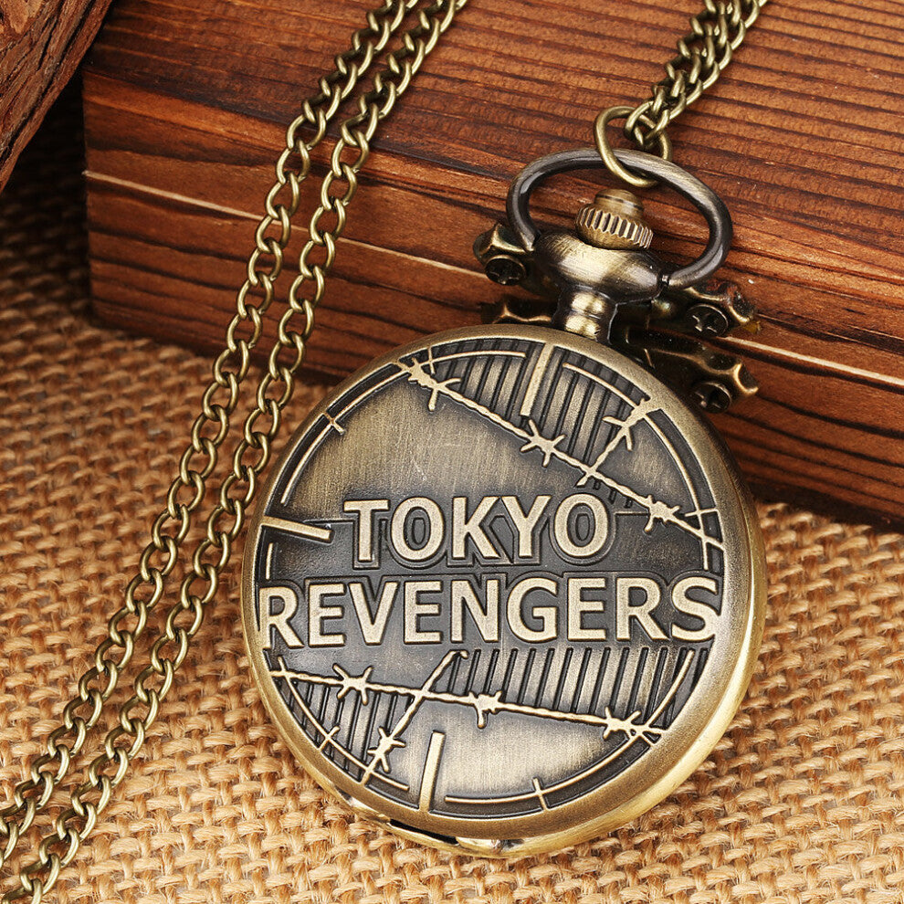Bronze Japan Tokyo Anime Steampunk Pocket Watch Roman Numeral Dial Pendant Cartoon Cosplay Quartz Watch with Necklace-Hook Chain