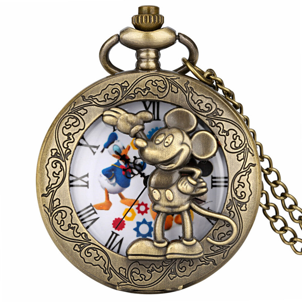 Bronze Anime Clock Comic Cartoon Quartz Pocket Watch Pendant FOB with Necklace-30cm Waist Hook Chain Antique Clock for Men
