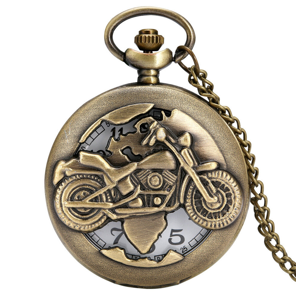 Antique Motorbike MOTO Retro Bronze Steampunk Motorcycle Hollow Quartz Pocket Watch Necklace Fob Chain Pendant Clock Men